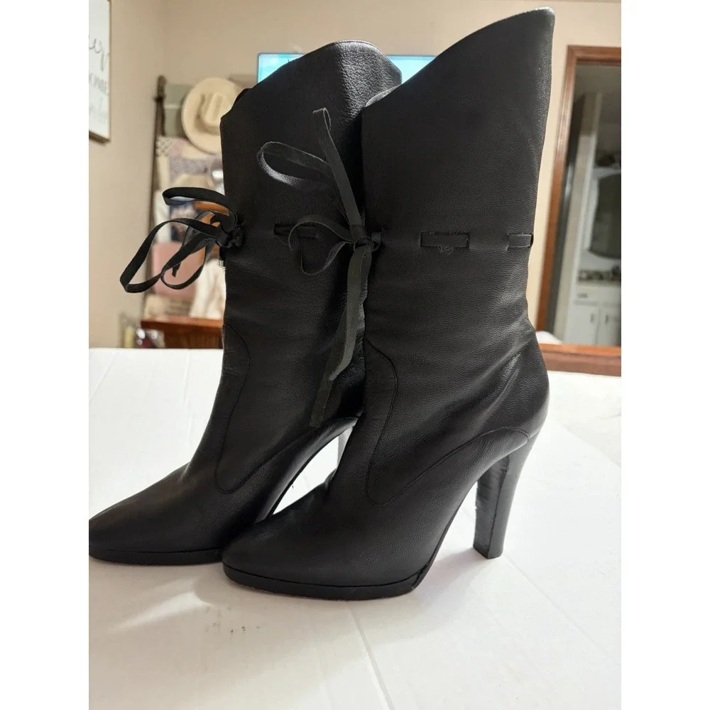 Rare Archival Y2K  Betsey Johnson Leather Cuffed Bow Booties Vero Cuoio Sz 7M - Picture 3 of 9